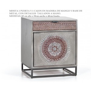 WOOD MANDALA Mesita madera de mango y patas de metal gris y marron